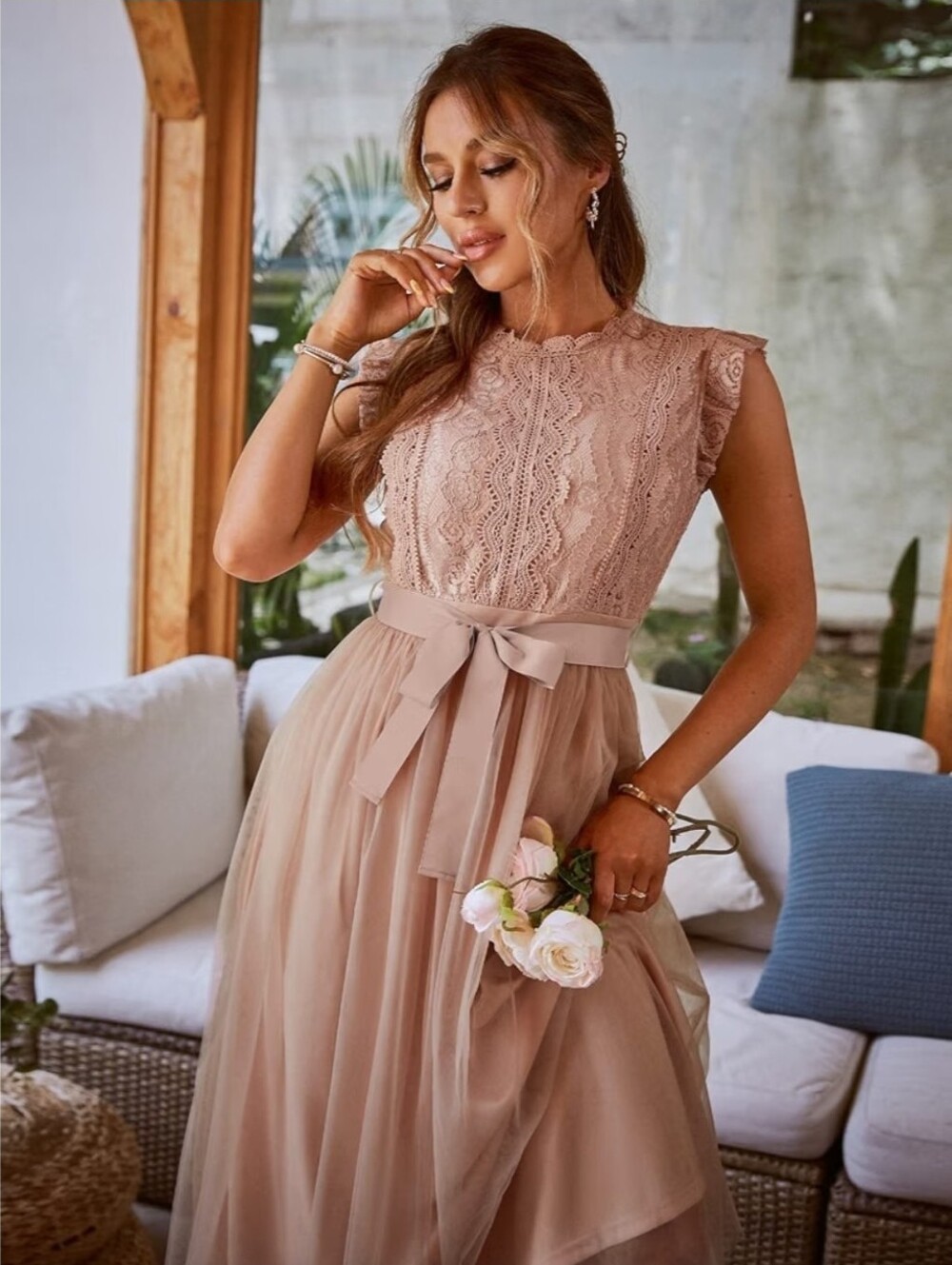 Simplee Women's Contrast Lace Blush Pink Belted Mesh Dress Size L - Picture 5 of 5